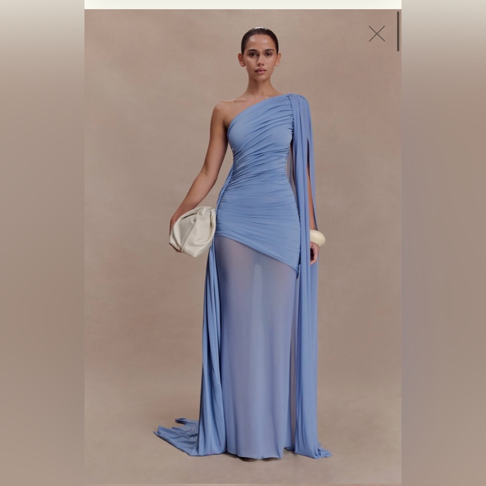 Meshki One-Shoulder Mist Blue Draped Evening Gown